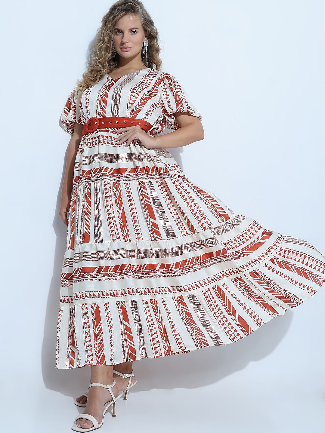 Curve Red Geometric Print Maxi Dress