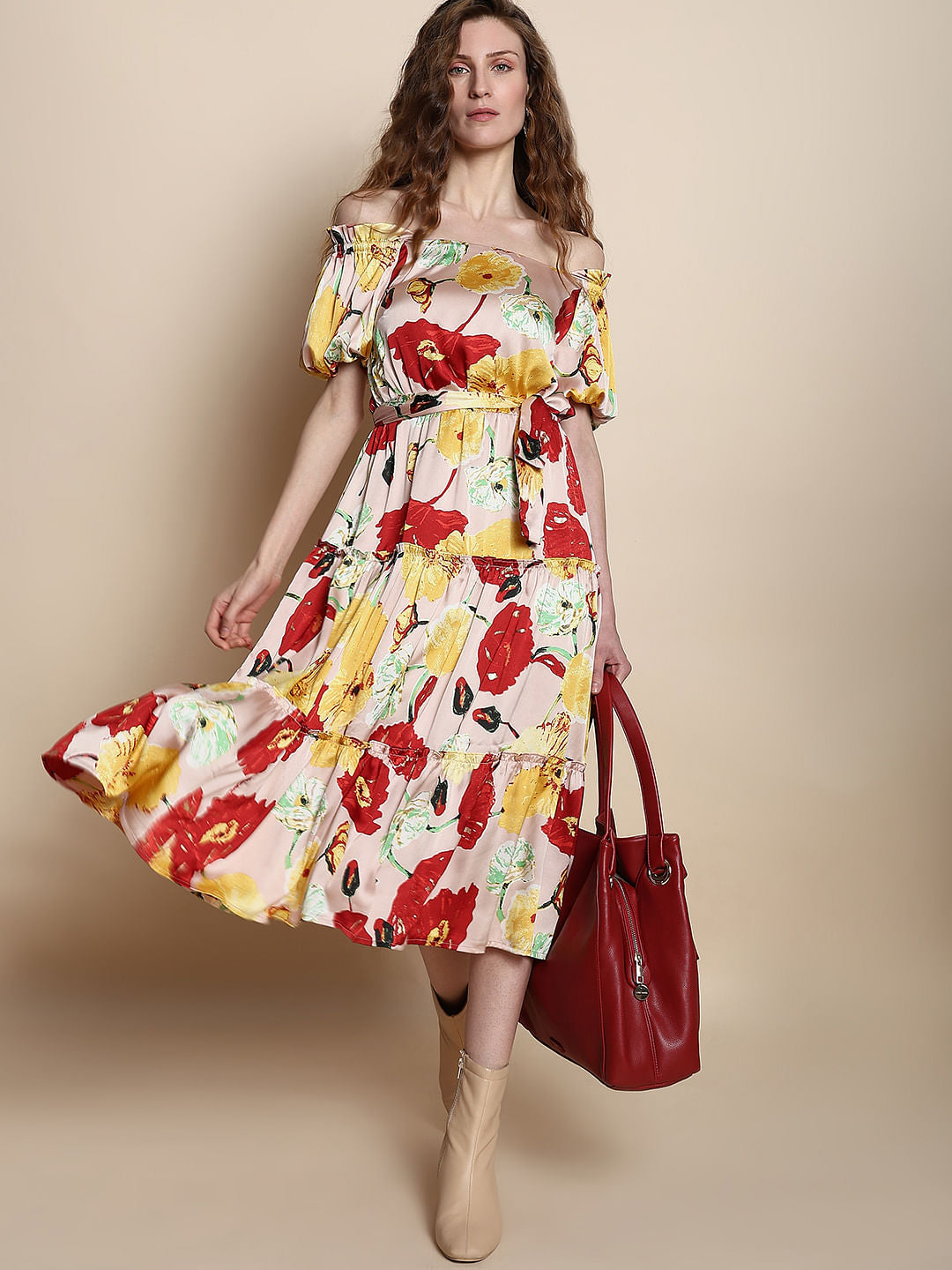 Peach Floral Tiered Midi Dress