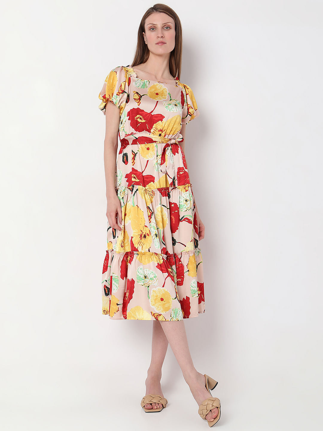 Peach Floral Tiered Midi Dress