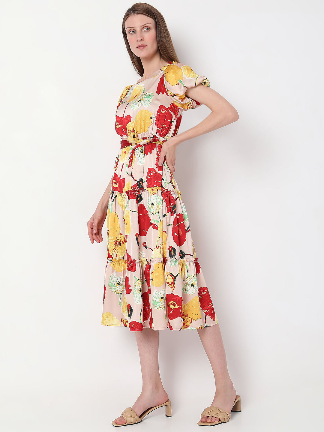 Peach Floral Tiered Midi Dress