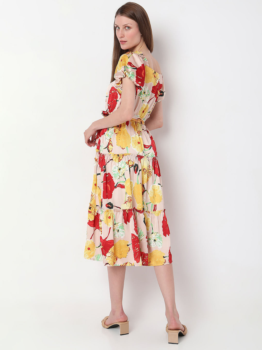 Peach Floral Tiered Midi Dress