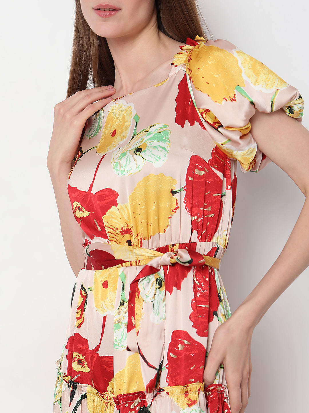 Peach Floral Tiered Midi Dress