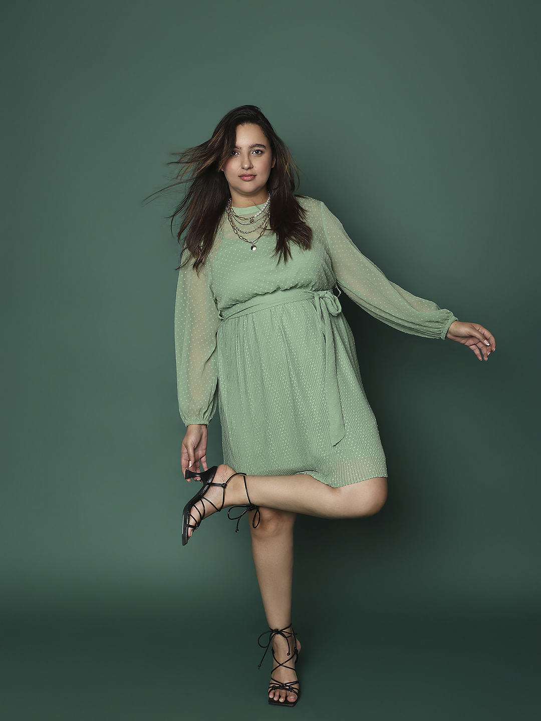 Curve Green Dobby Textured Fit & Flare Dress