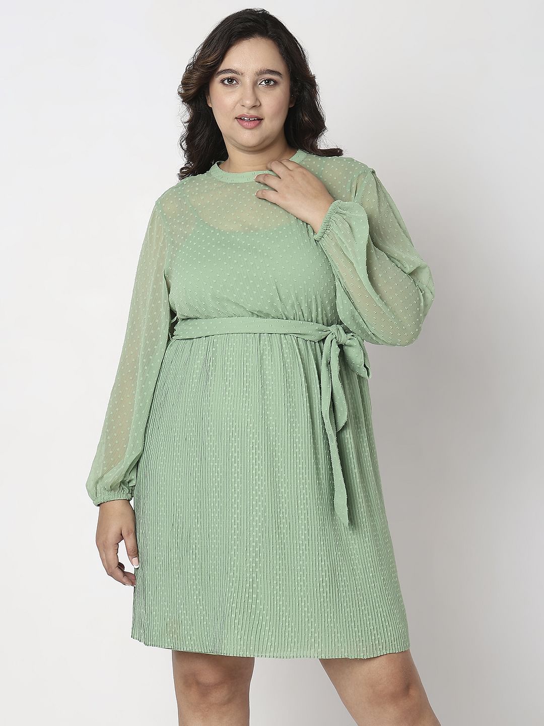 Curve Green Dobby Textured Fit & Flare Dress