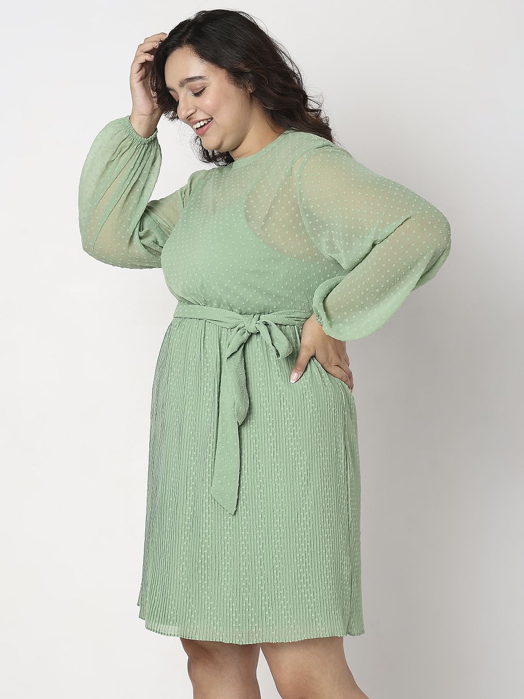 Curve Green Dobby Textured Fit & Flare Dress