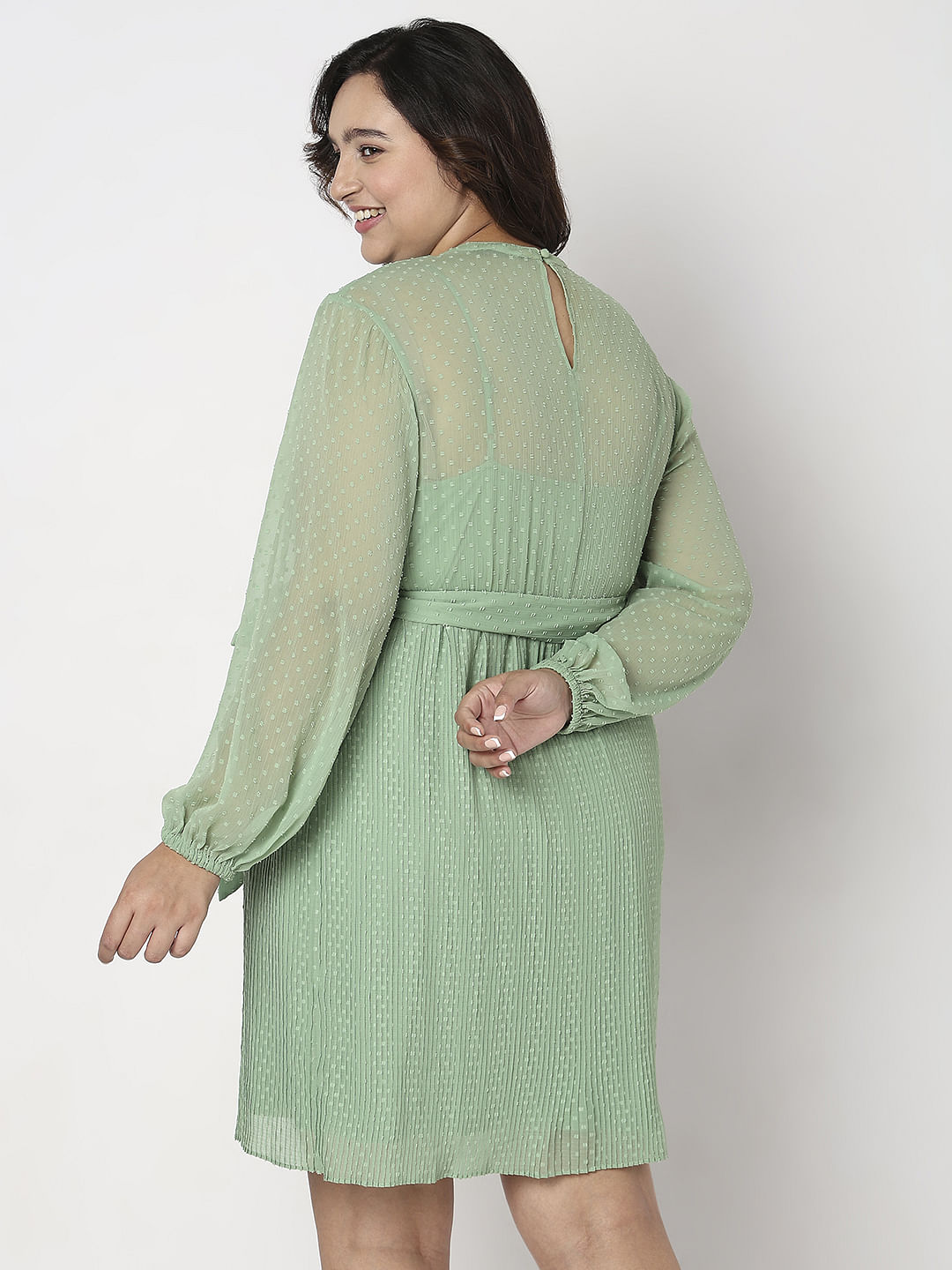 Curve Green Dobby Textured Fit & Flare Dress