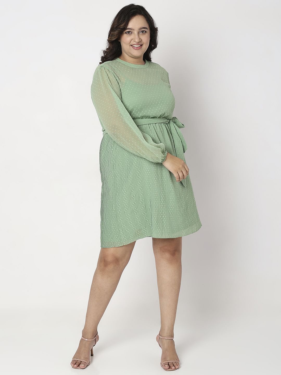 Curve Green Dobby Textured Fit & Flare Dress