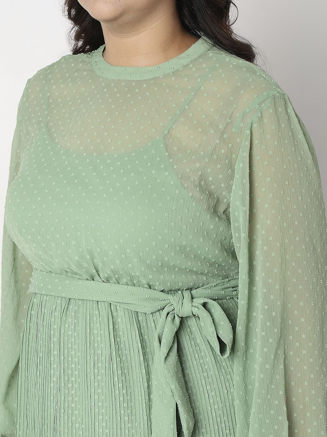 Curve Green Dobby Textured Fit & Flare Dress