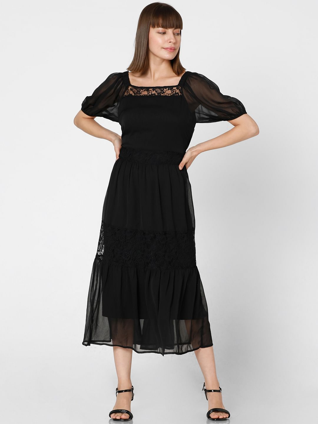 Black Chiffon Lace Midi Dress