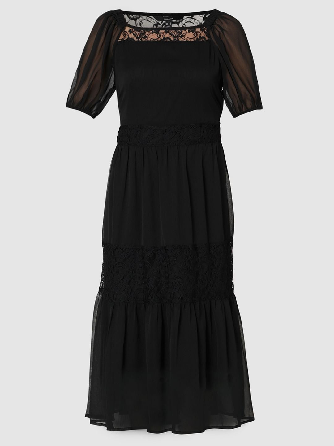 Black Chiffon Lace Midi Dress