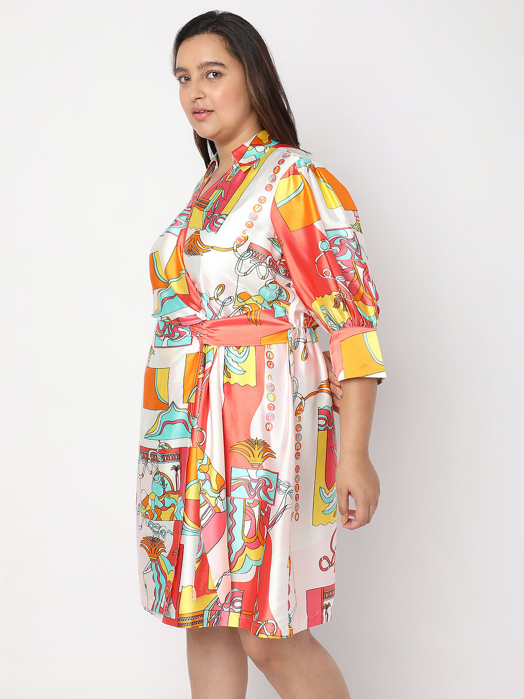 Curve Orange Printed Wrap-Over Dress