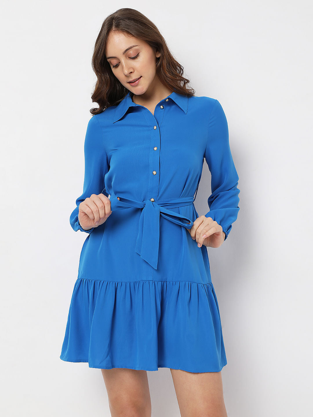 Blue Tiered Mini Shirt Dress