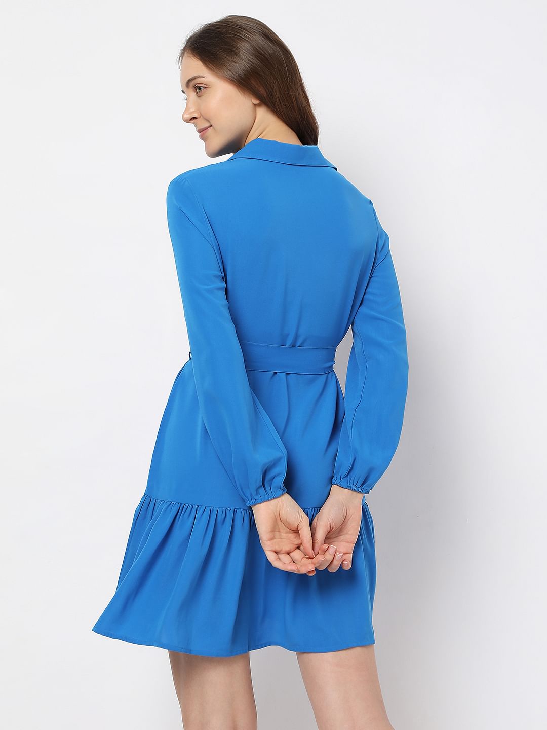 Blue Tiered Mini Shirt Dress