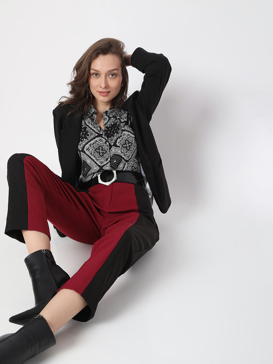 Maroon High Rise Colourblocked Trousers