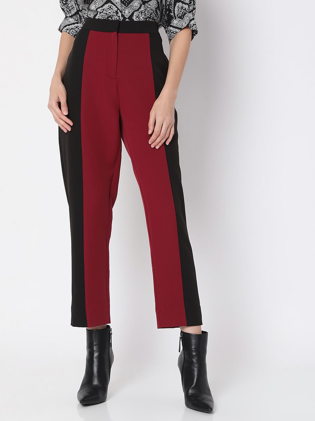 Maroon High Rise Colourblocked Trousers