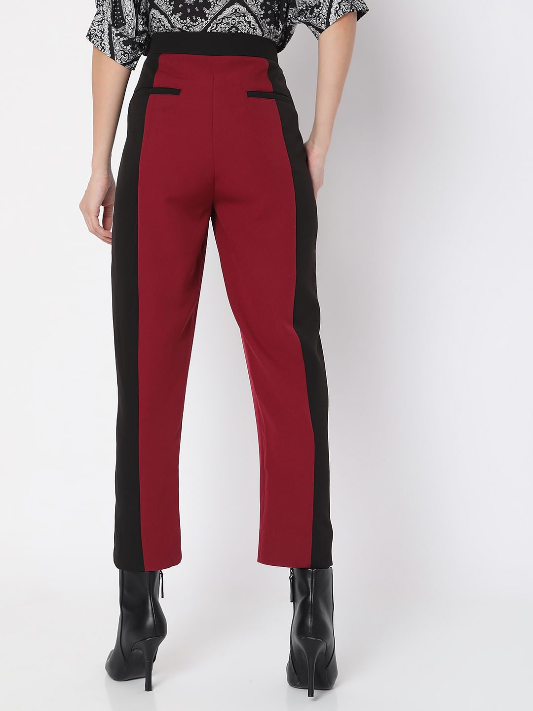 Maroon High Rise Colourblocked Trousers
