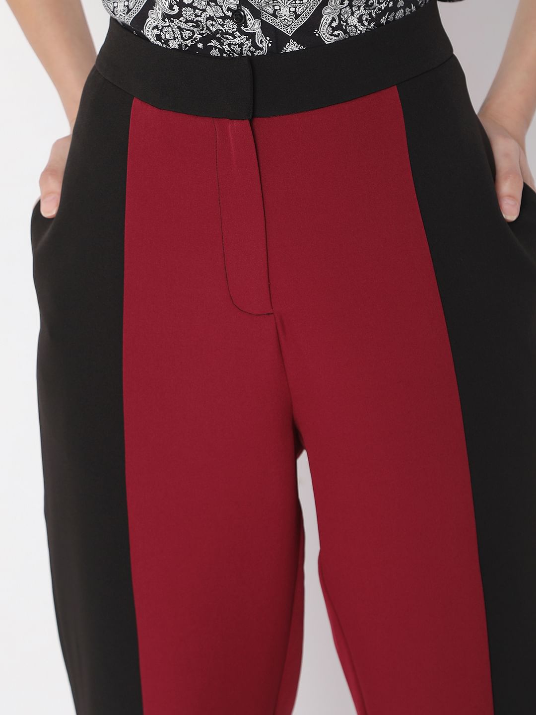 Maroon High Rise Colourblocked Trousers