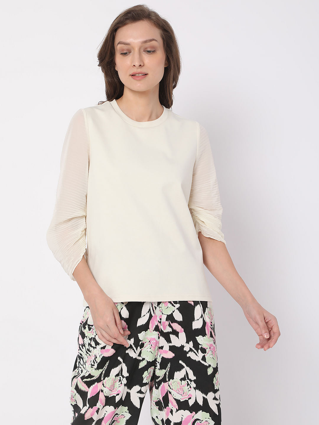 Cream Pleated Sleeve Top