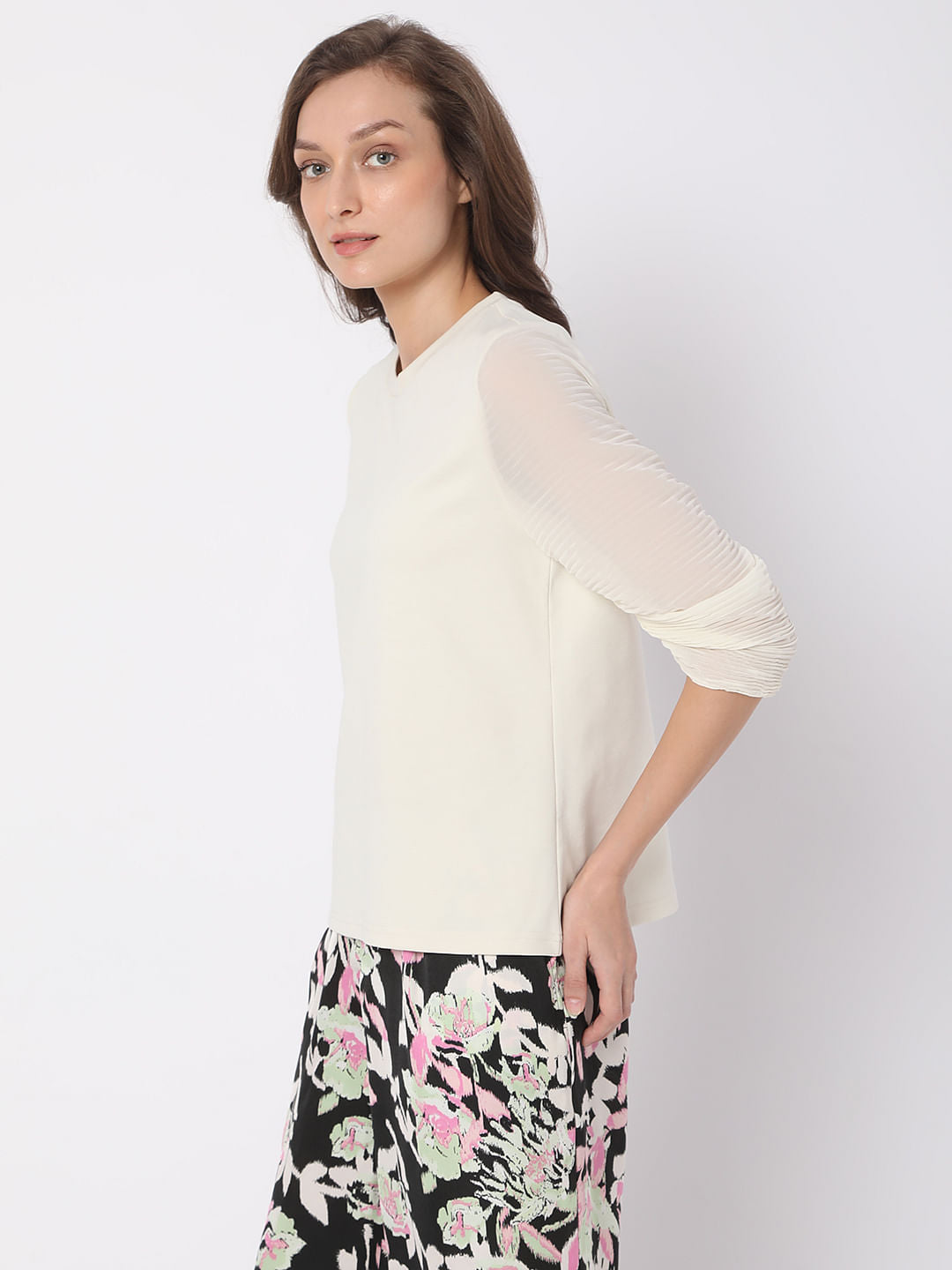 Cream Pleated Sleeve Top