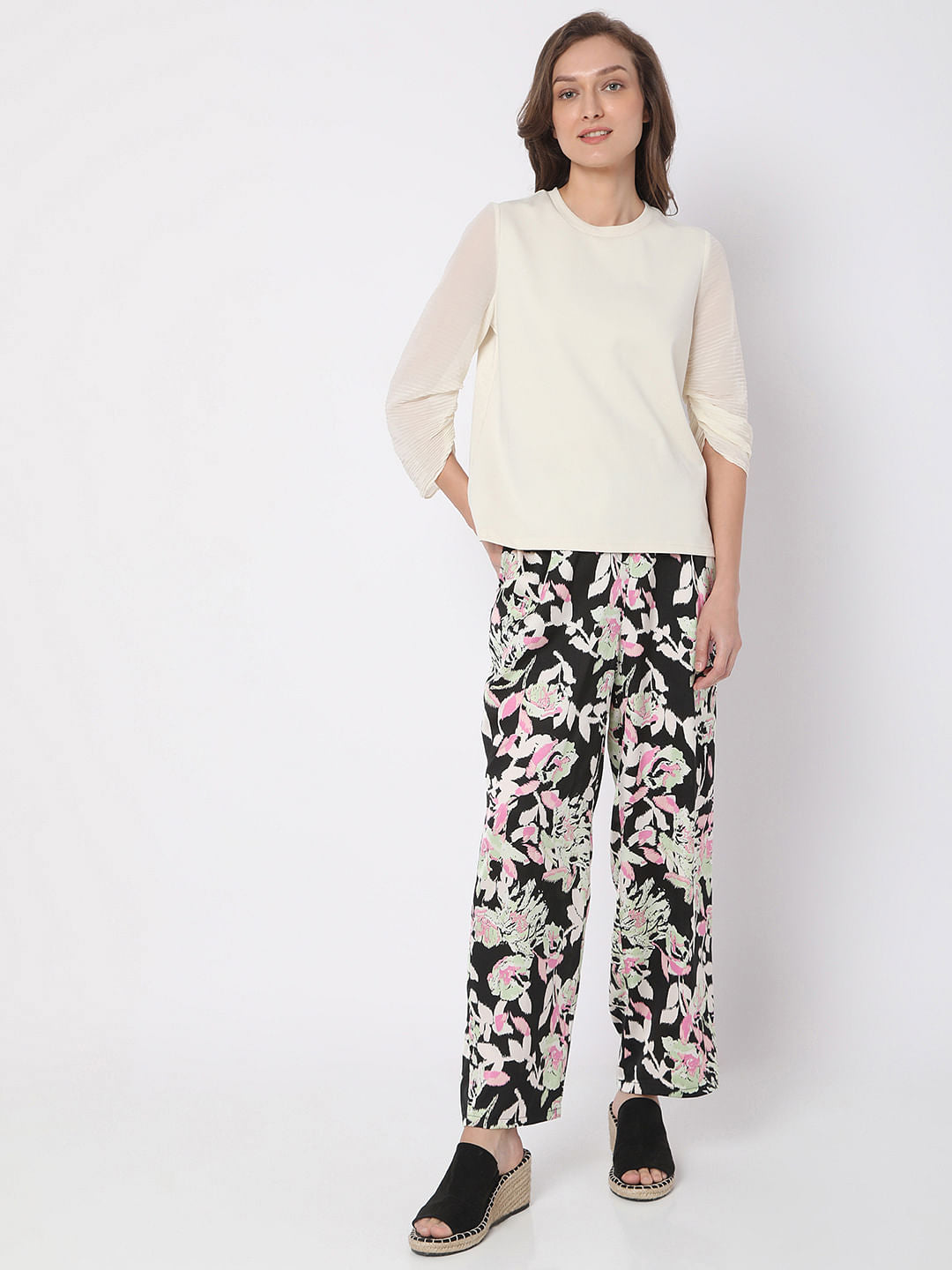 Cream Pleated Sleeve Top