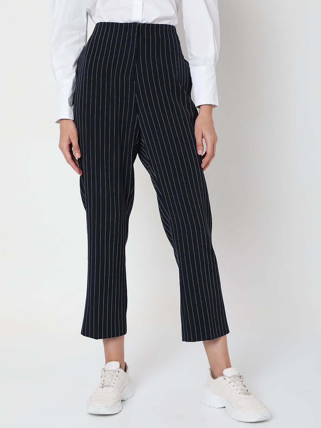Navy Blue Mid Rise Striped Pants