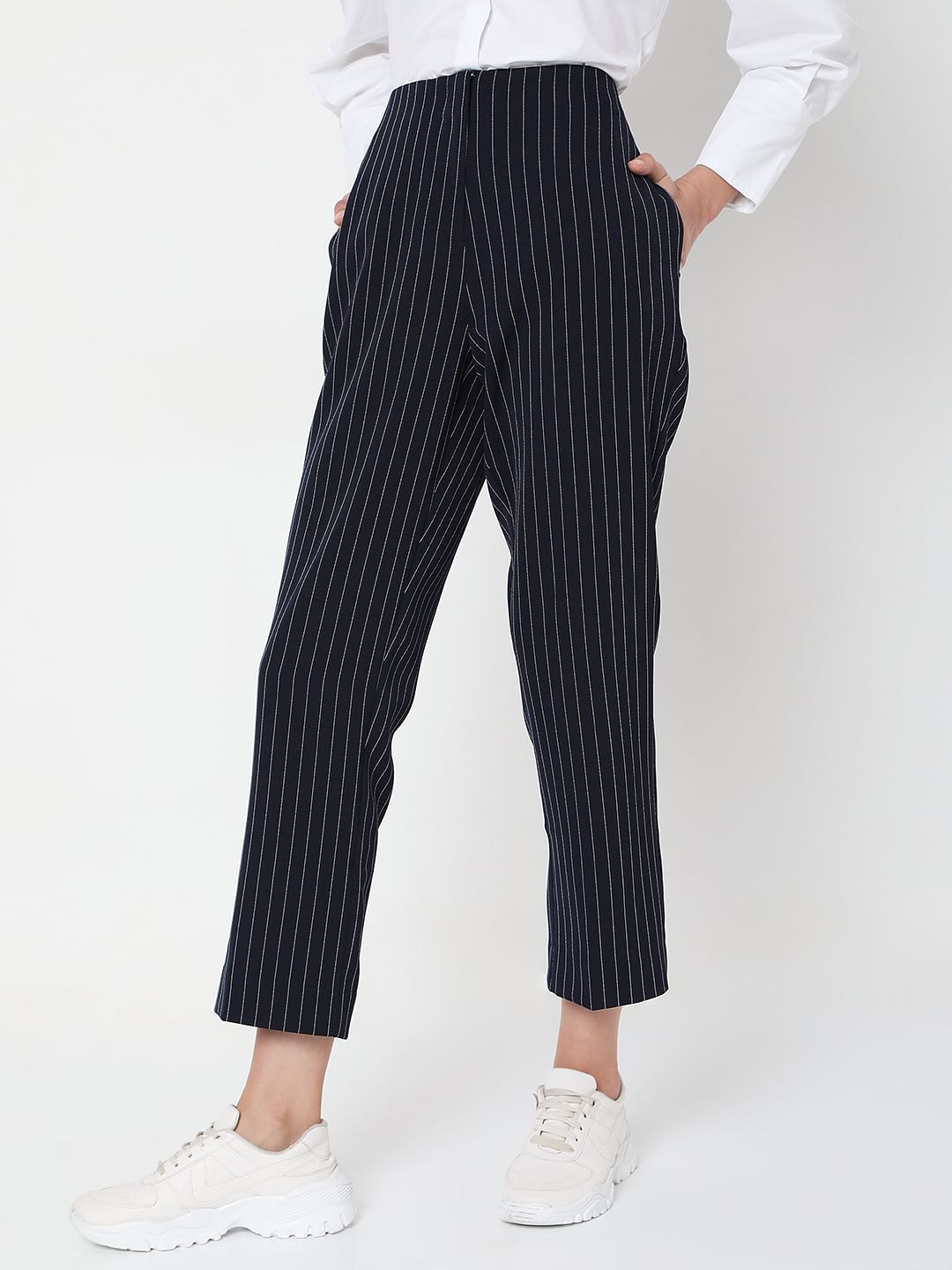 Navy Blue Mid Rise Striped Pants