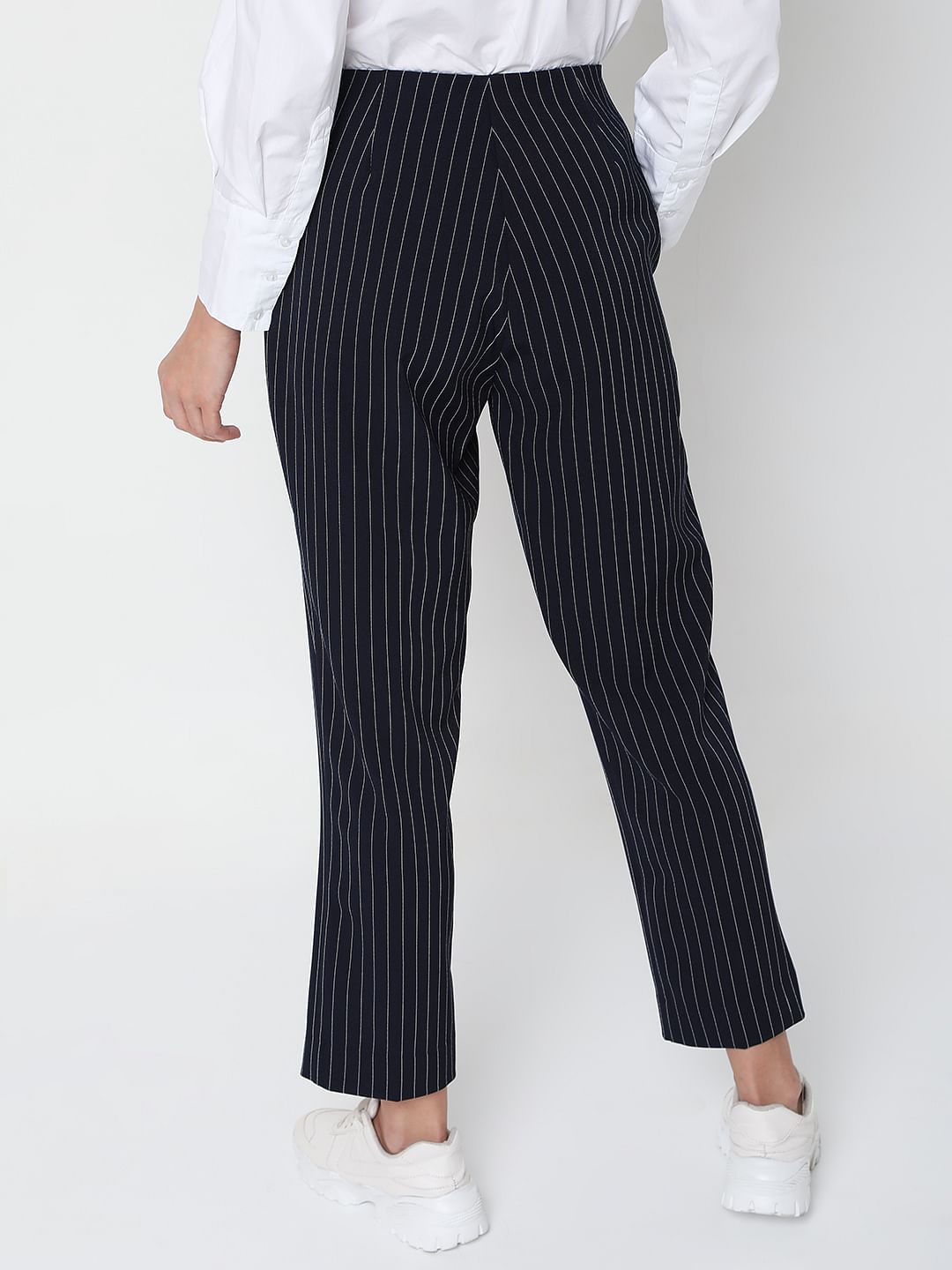 Navy Blue Mid Rise Striped Pants