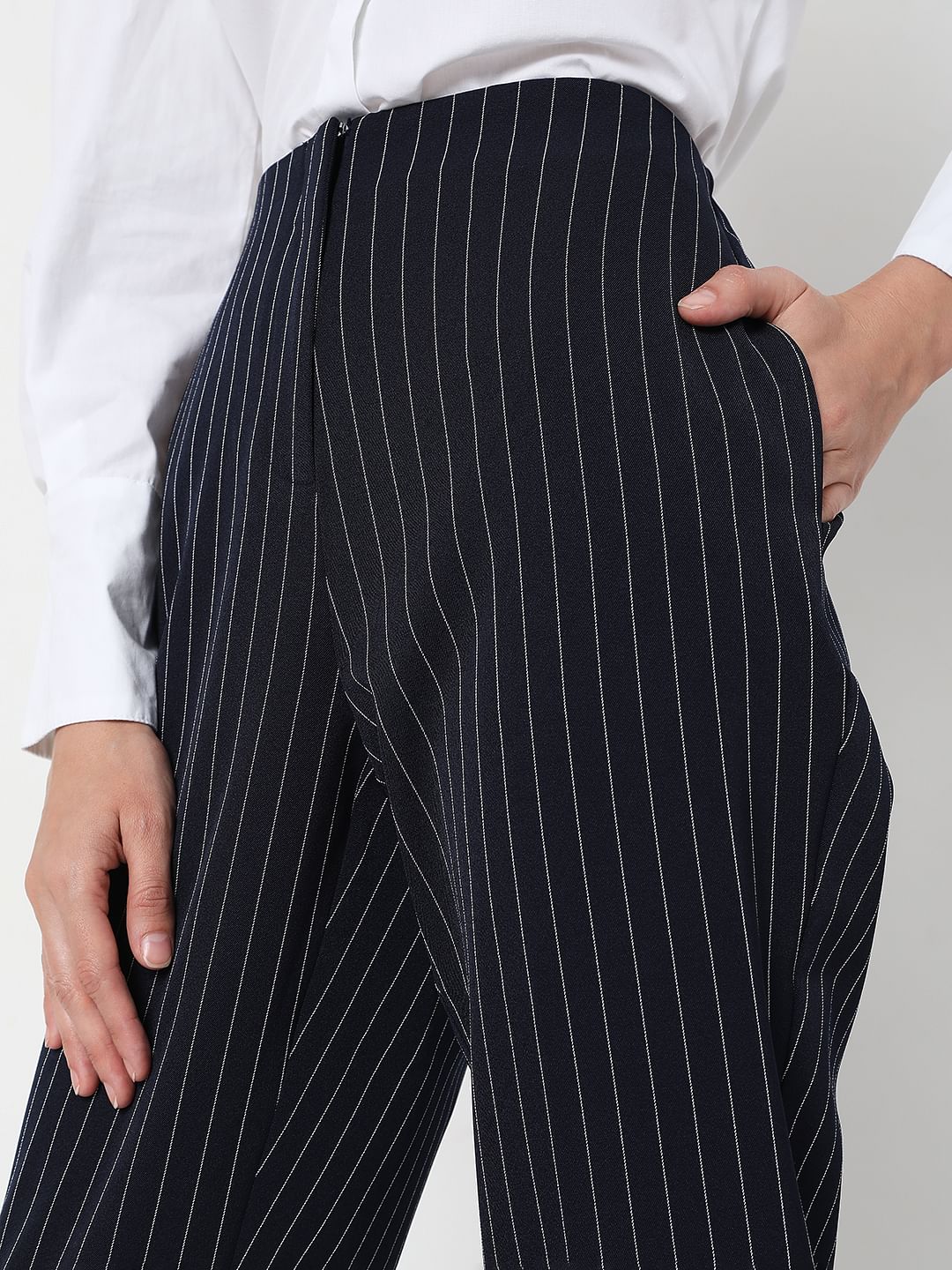 Navy Blue Mid Rise Striped Pants