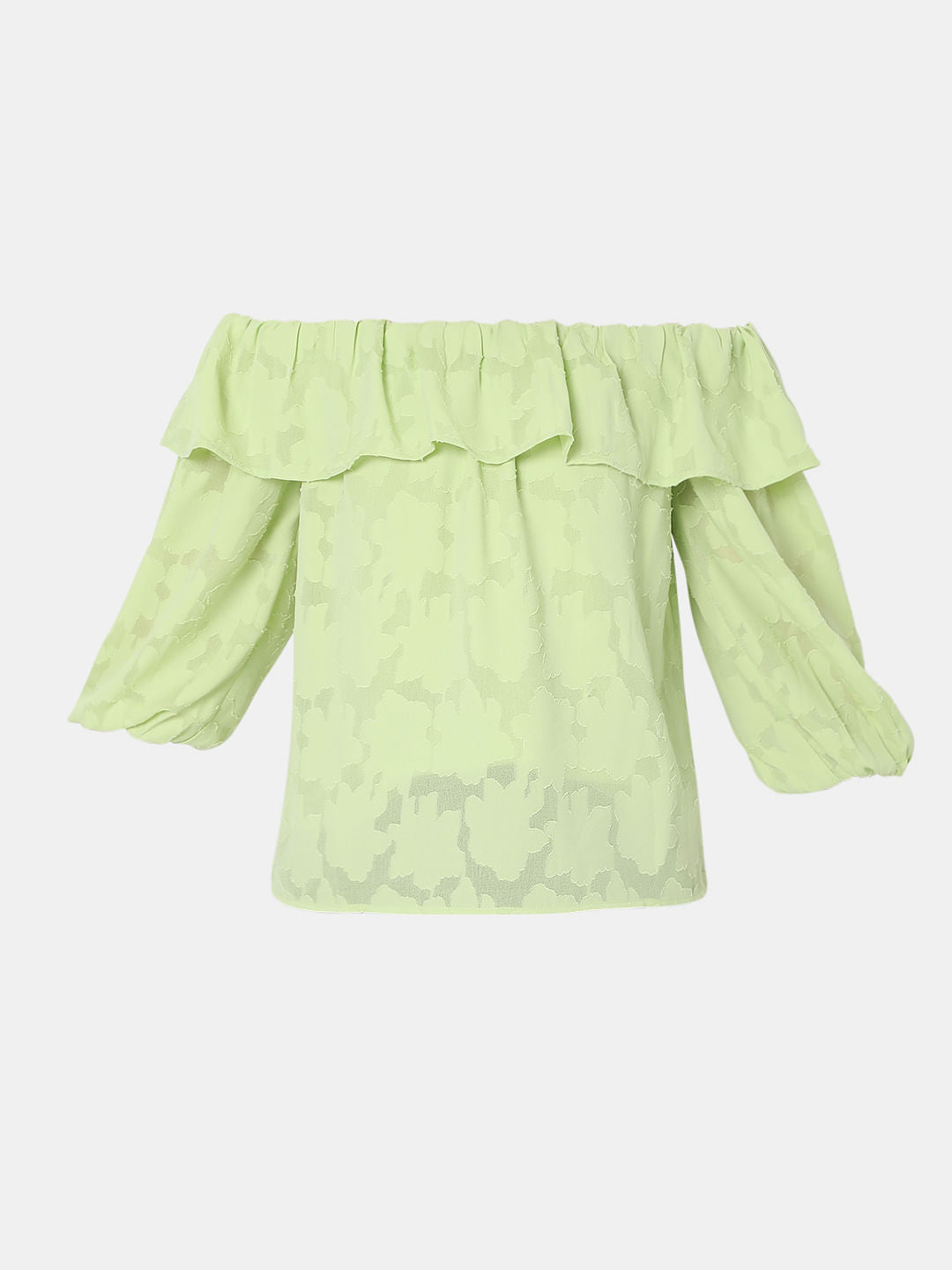 Green Floral Jacquard Print Off-Shoulder Top