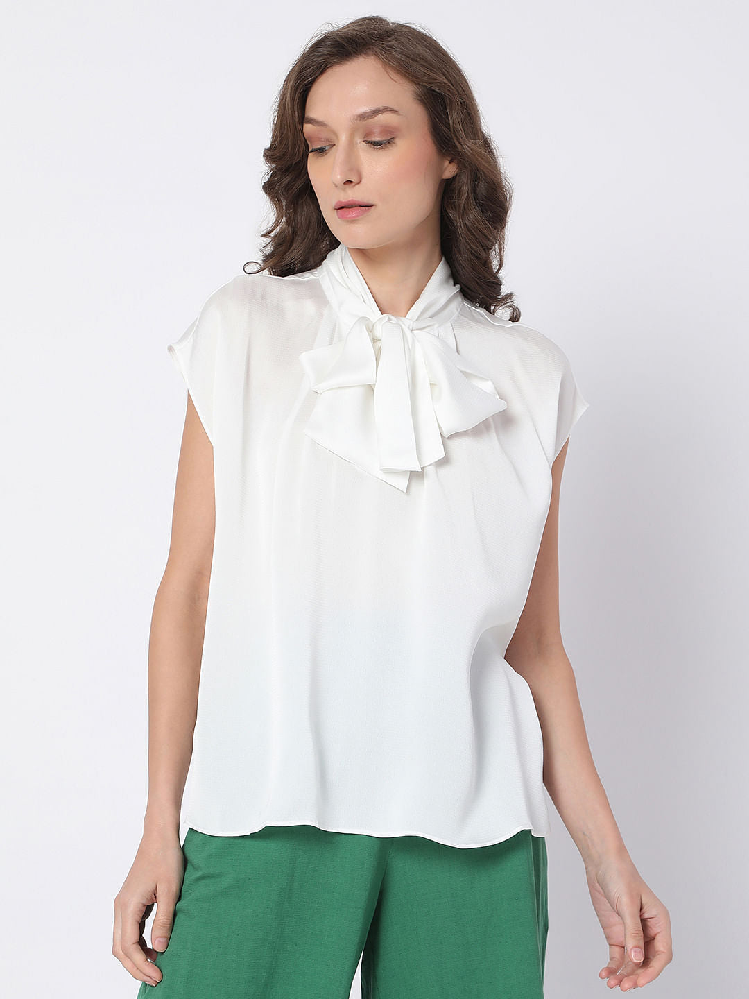 White Pussy Bow Top