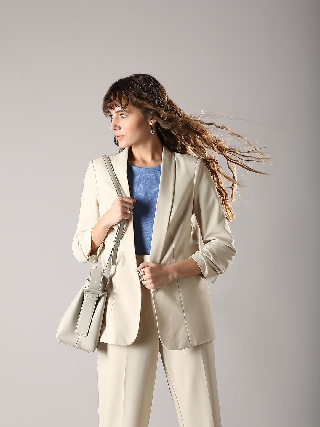 Blazer Cream Sweatpants Outfit Beige Shawl Collar Blazer