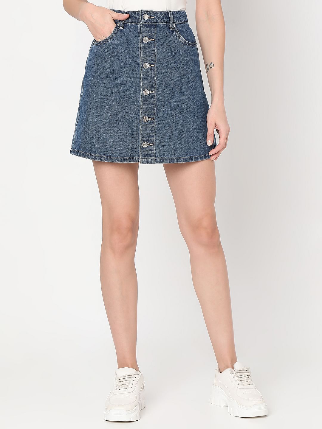 Blue Mid Rise Denim Skirt