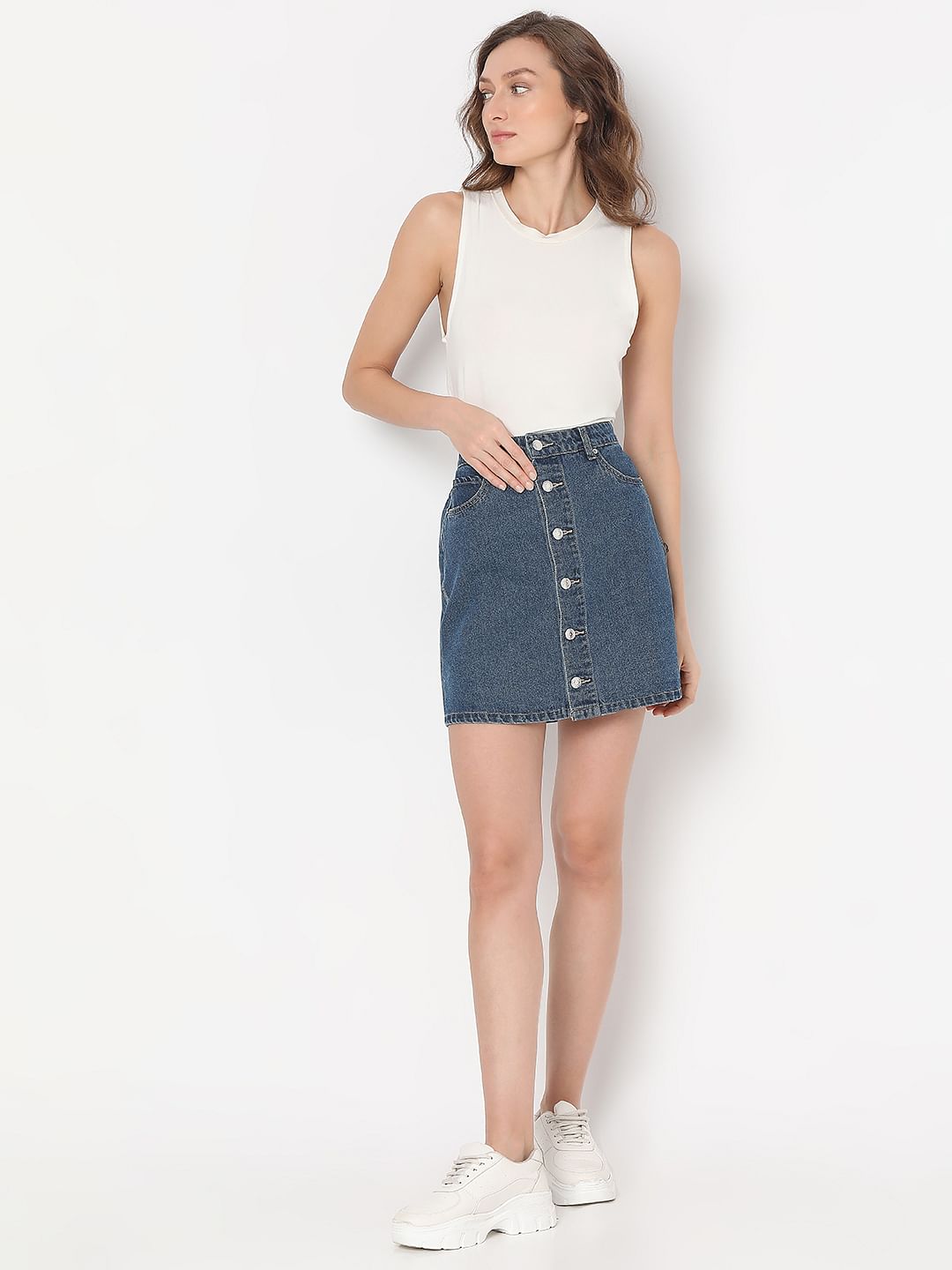 Blue Mid Rise Denim Skirt