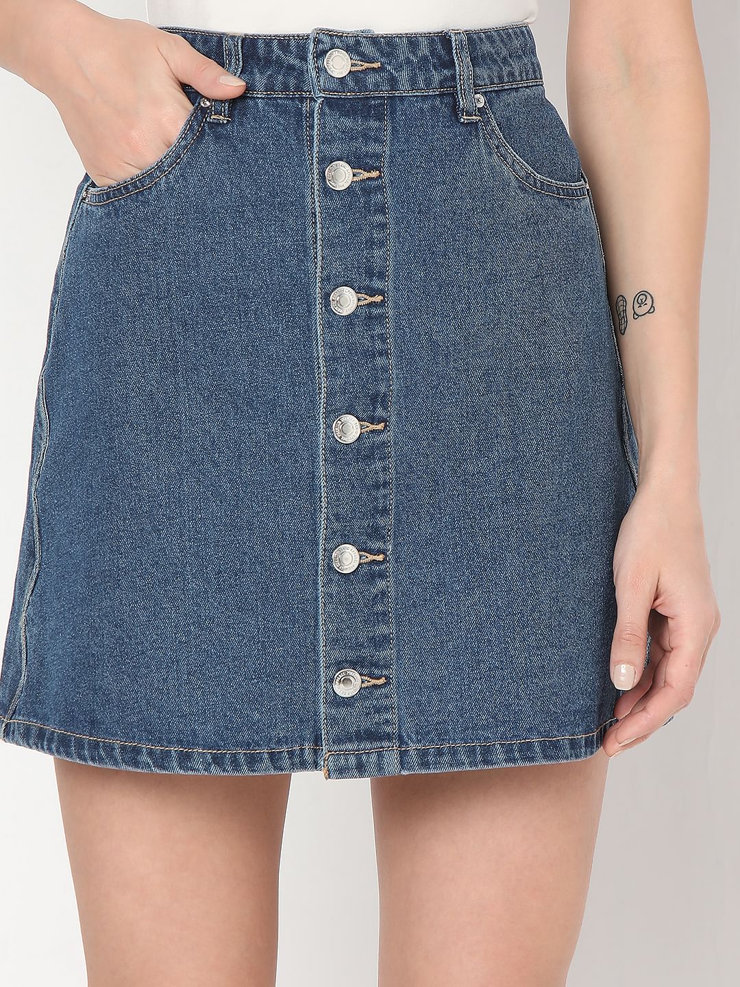 Blue Mid Rise Denim Skirt