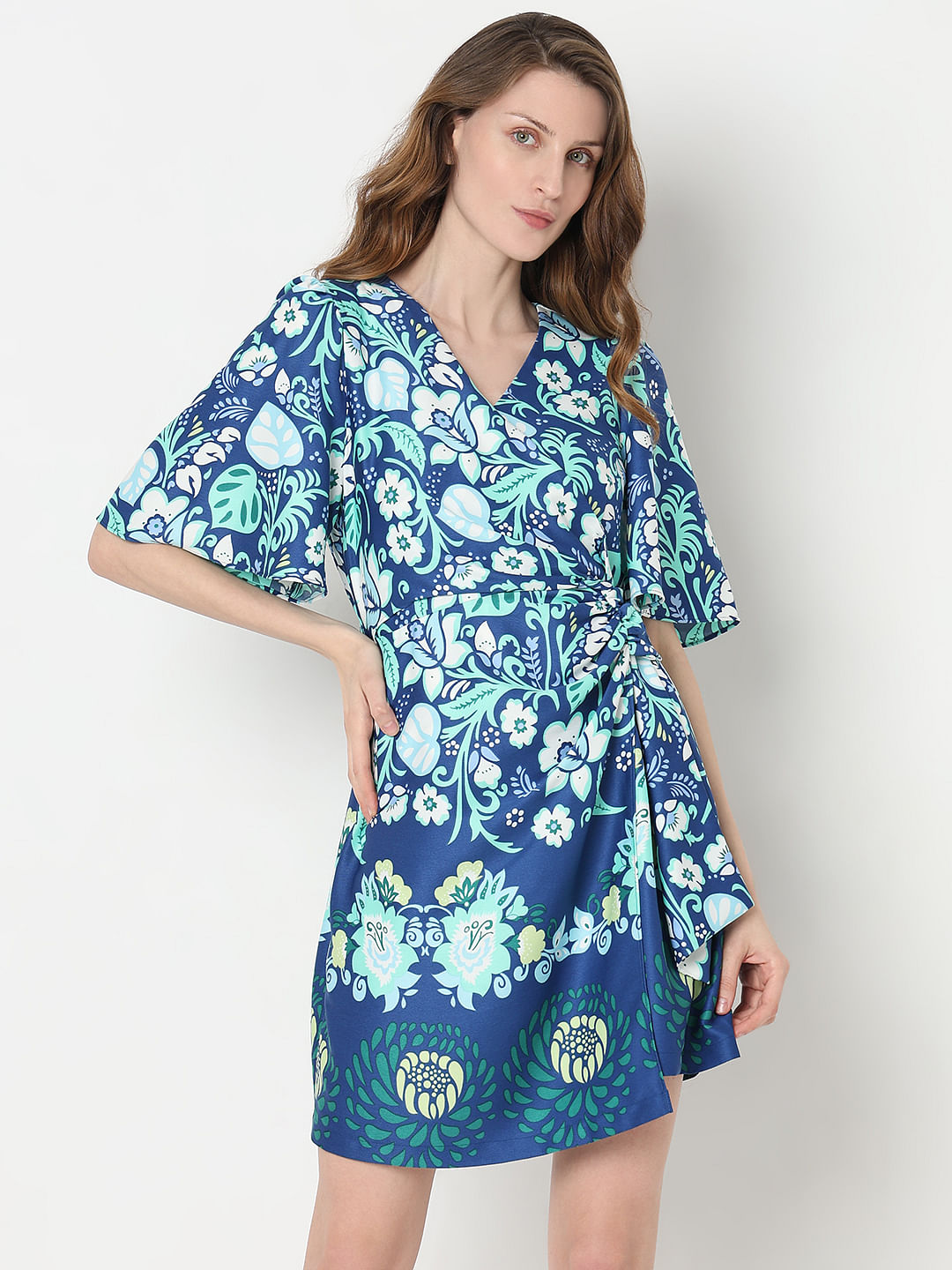 Blue Floral Print Fit & Flare Dress