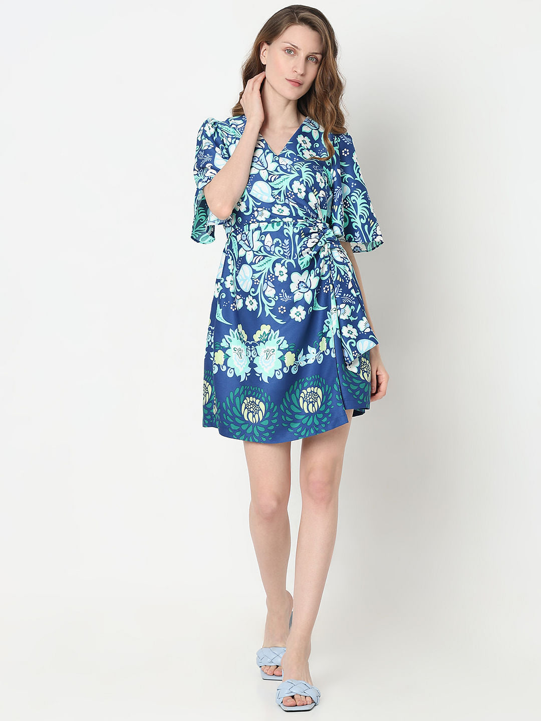 Blue Floral Print Fit & Flare Dress
