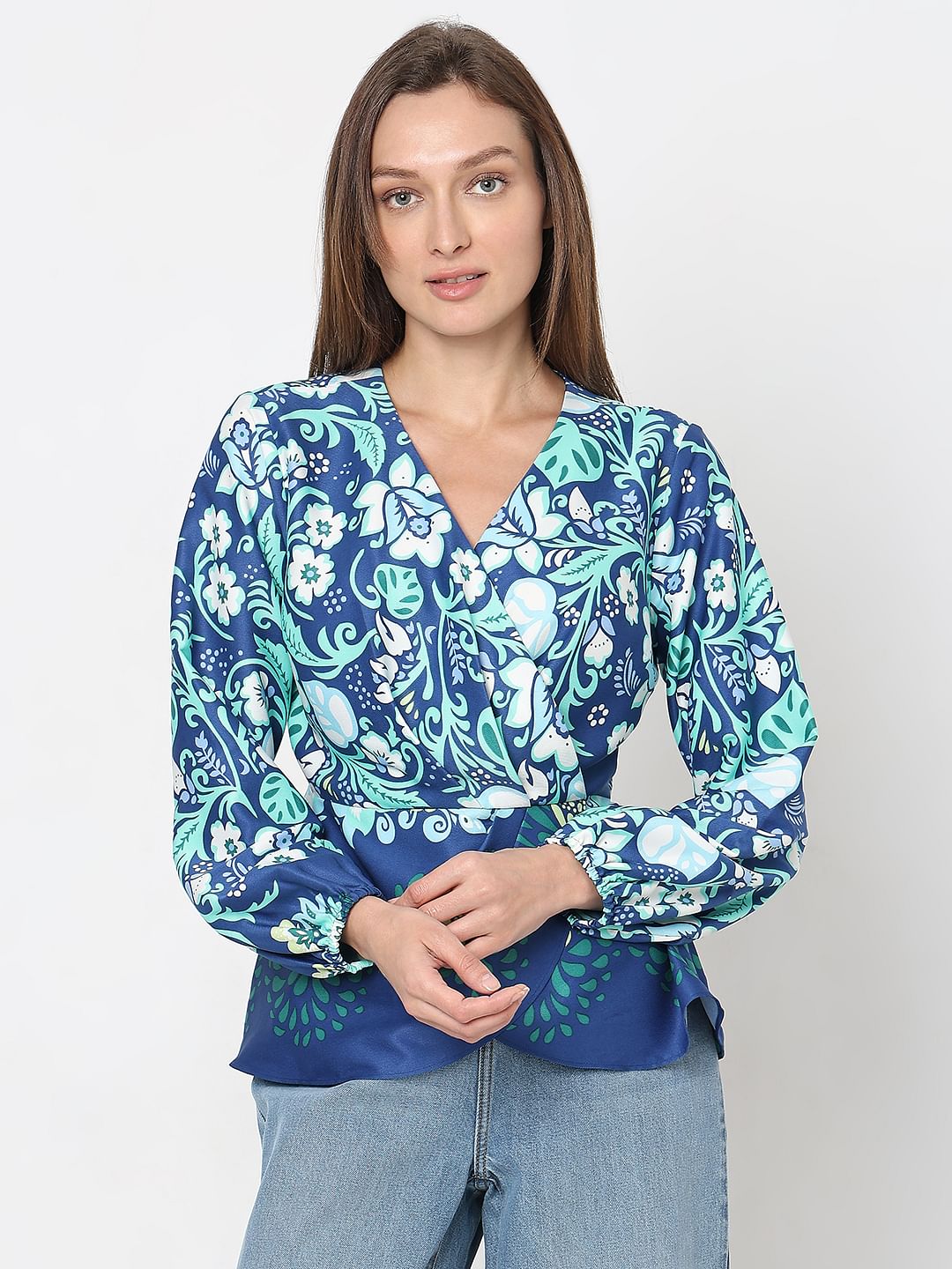 Blue Printed Wrap Top