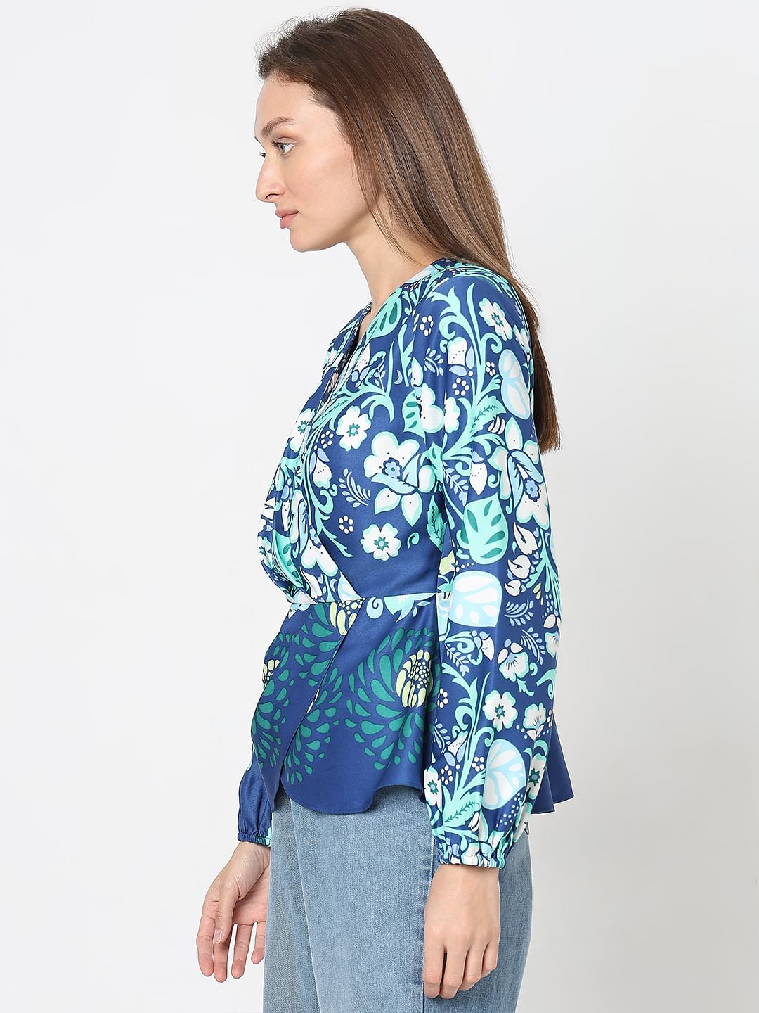 Blue Printed Wrap Top