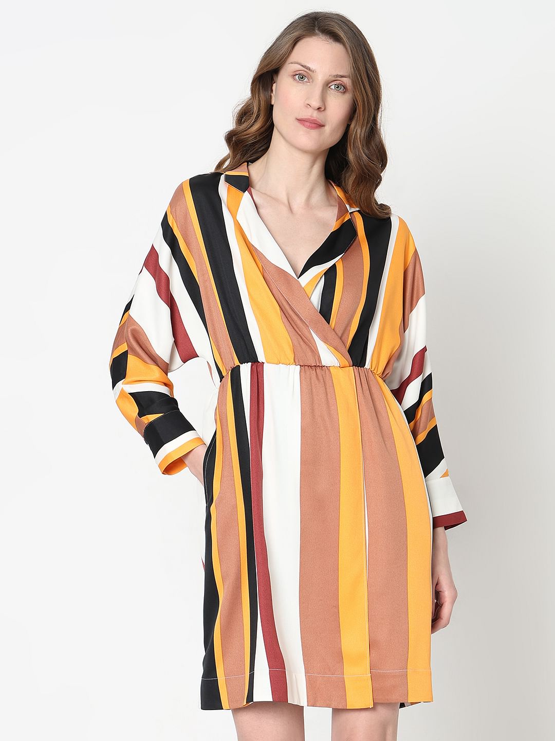White Striped Mock Wrap Dress