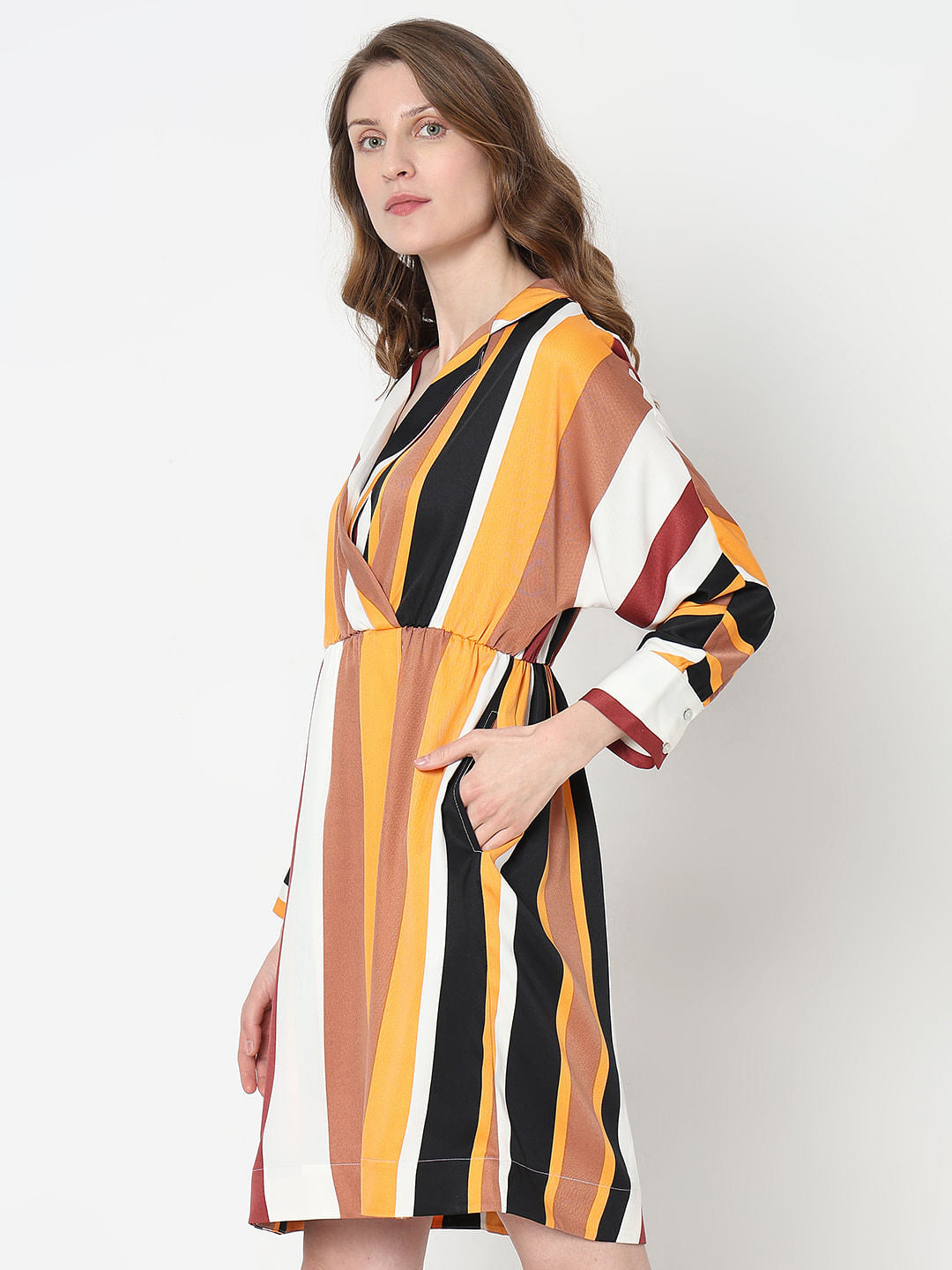 White Striped Mock Wrap Dress