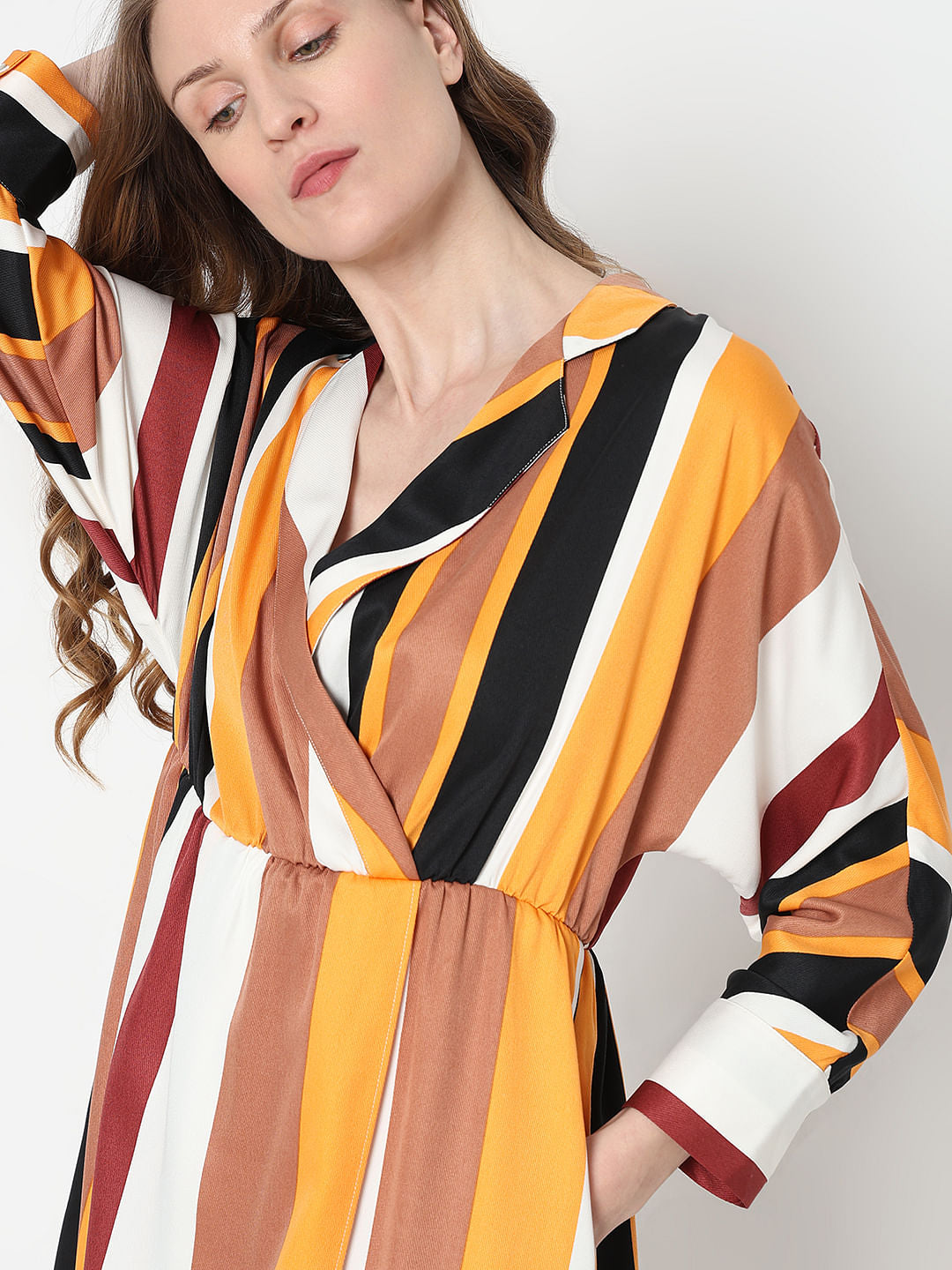 White Striped Mock Wrap Dress