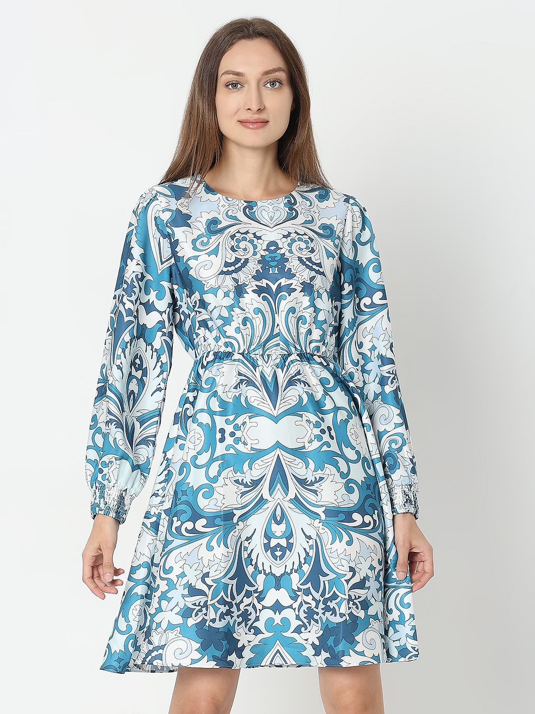 Blue Printed Fit & Flare Dress