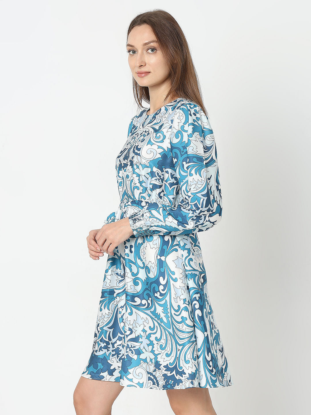 Blue Printed Fit & Flare Dress