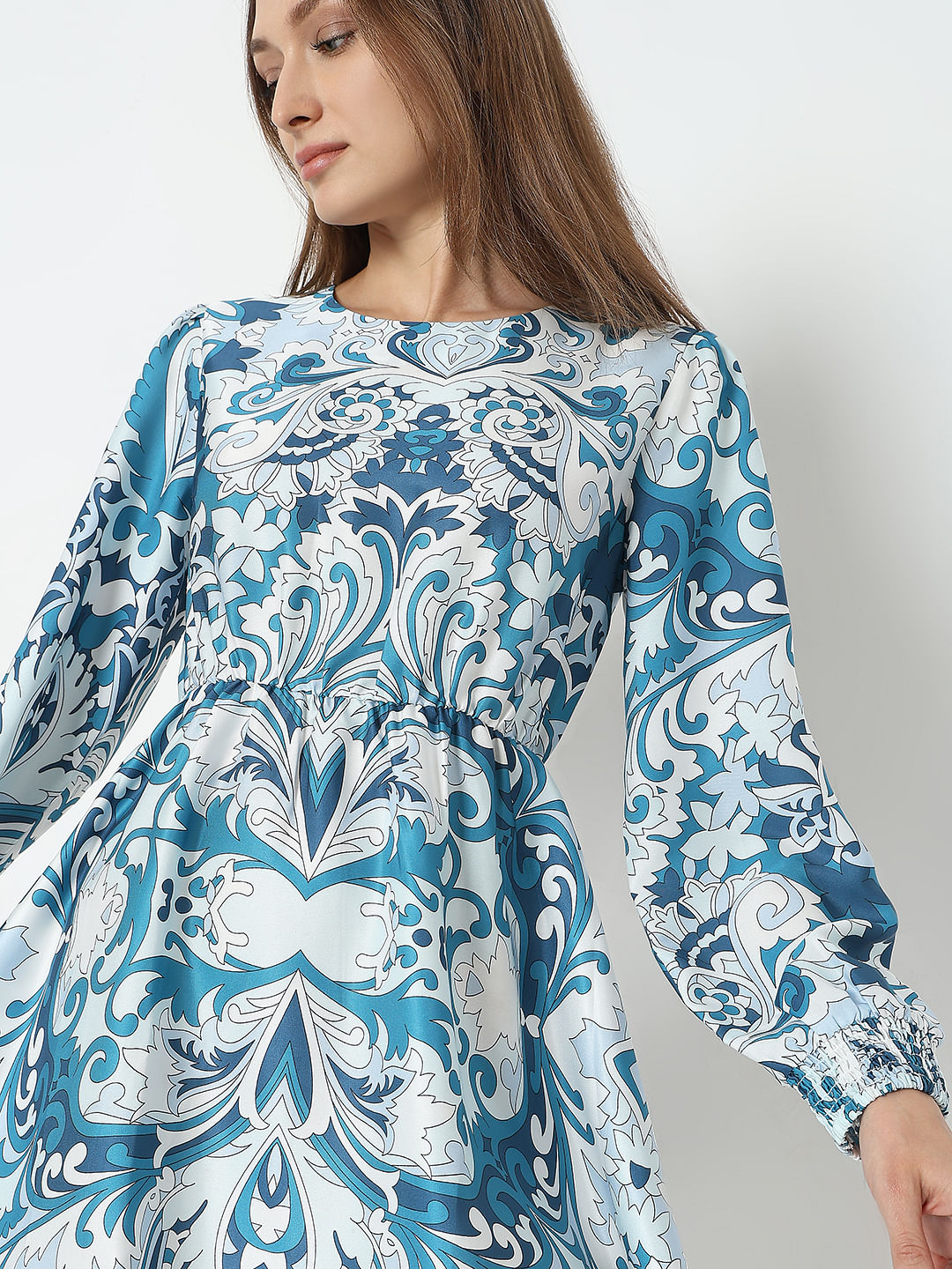 Blue Printed Fit & Flare Dress