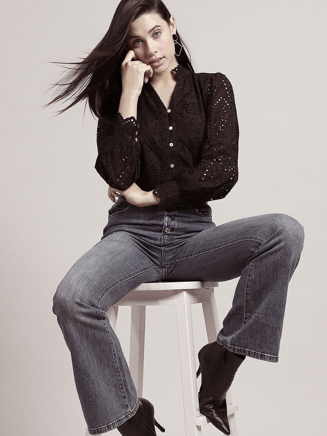Black Schiffli Cotton Shirt