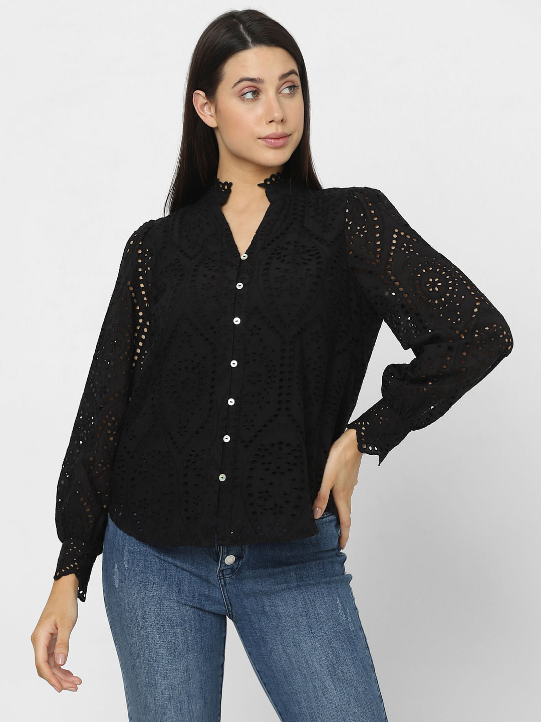 Black Schiffli Cotton Shirt