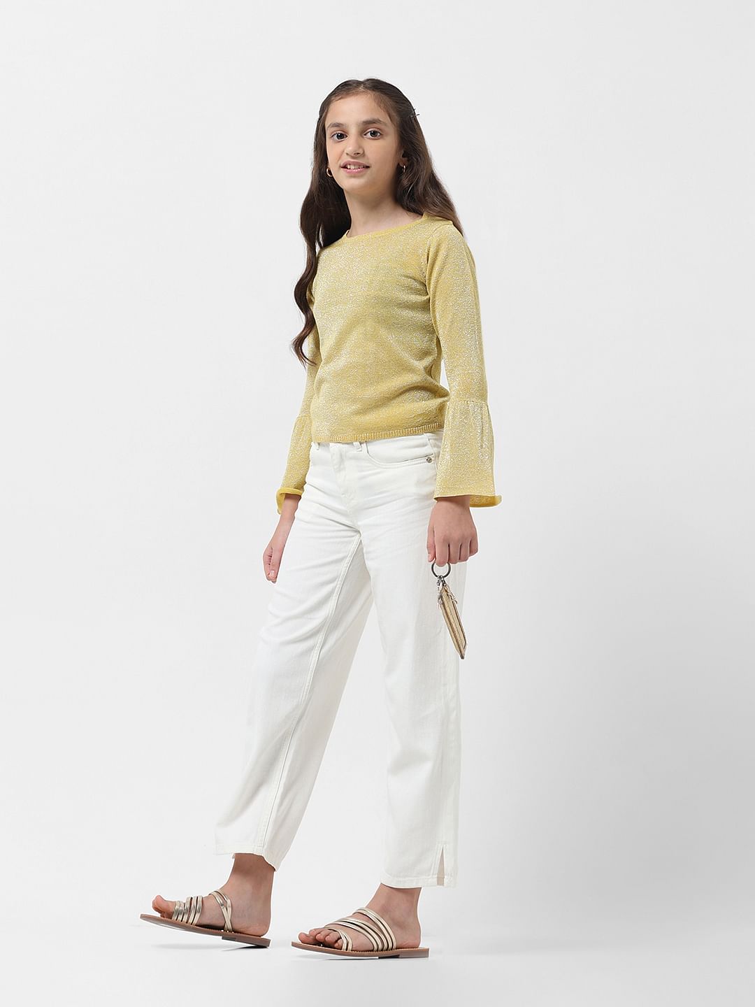 Girl White Cotton Wide Leg Jeans