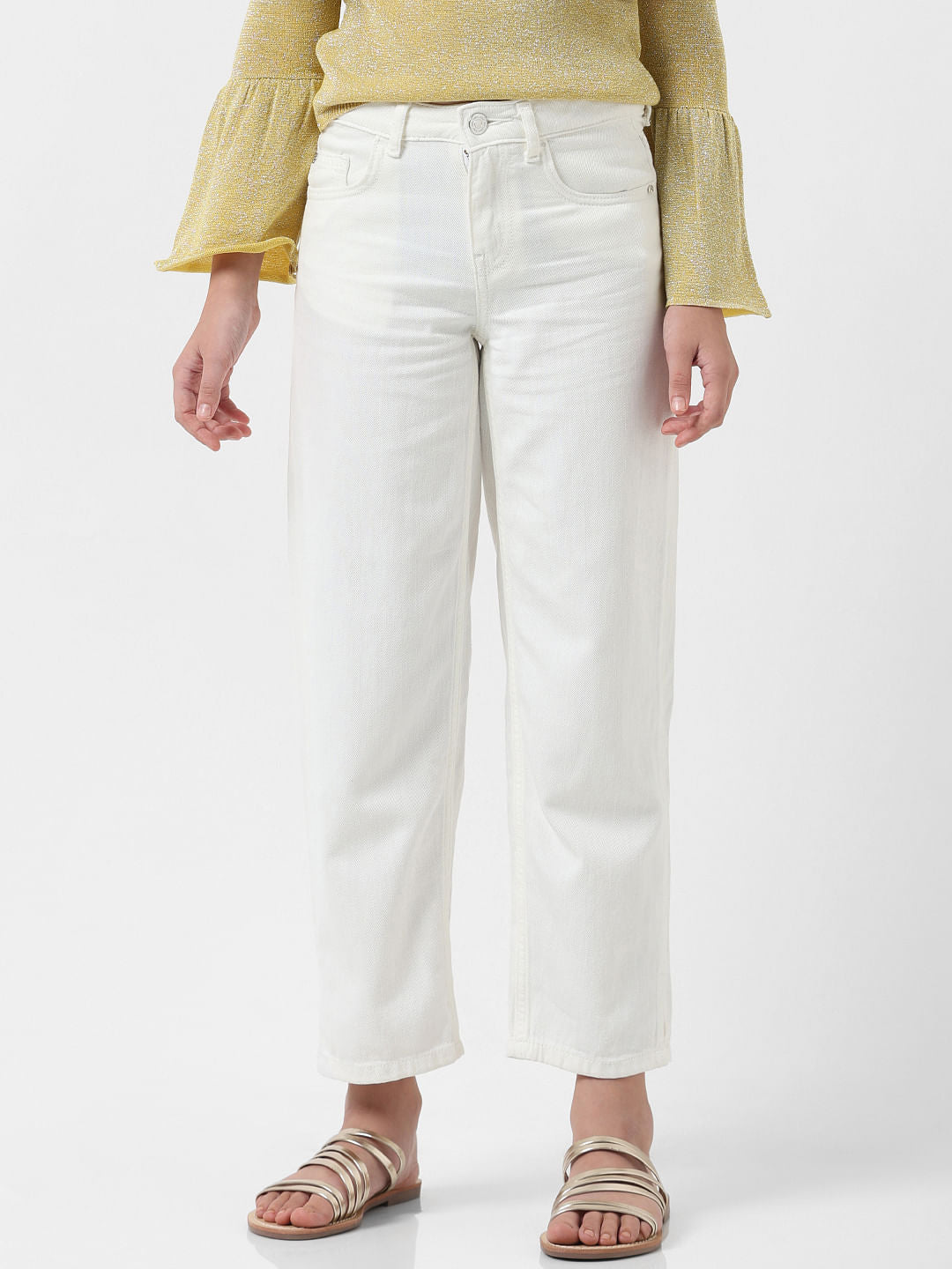 Girl White Cotton Wide Leg Jeans