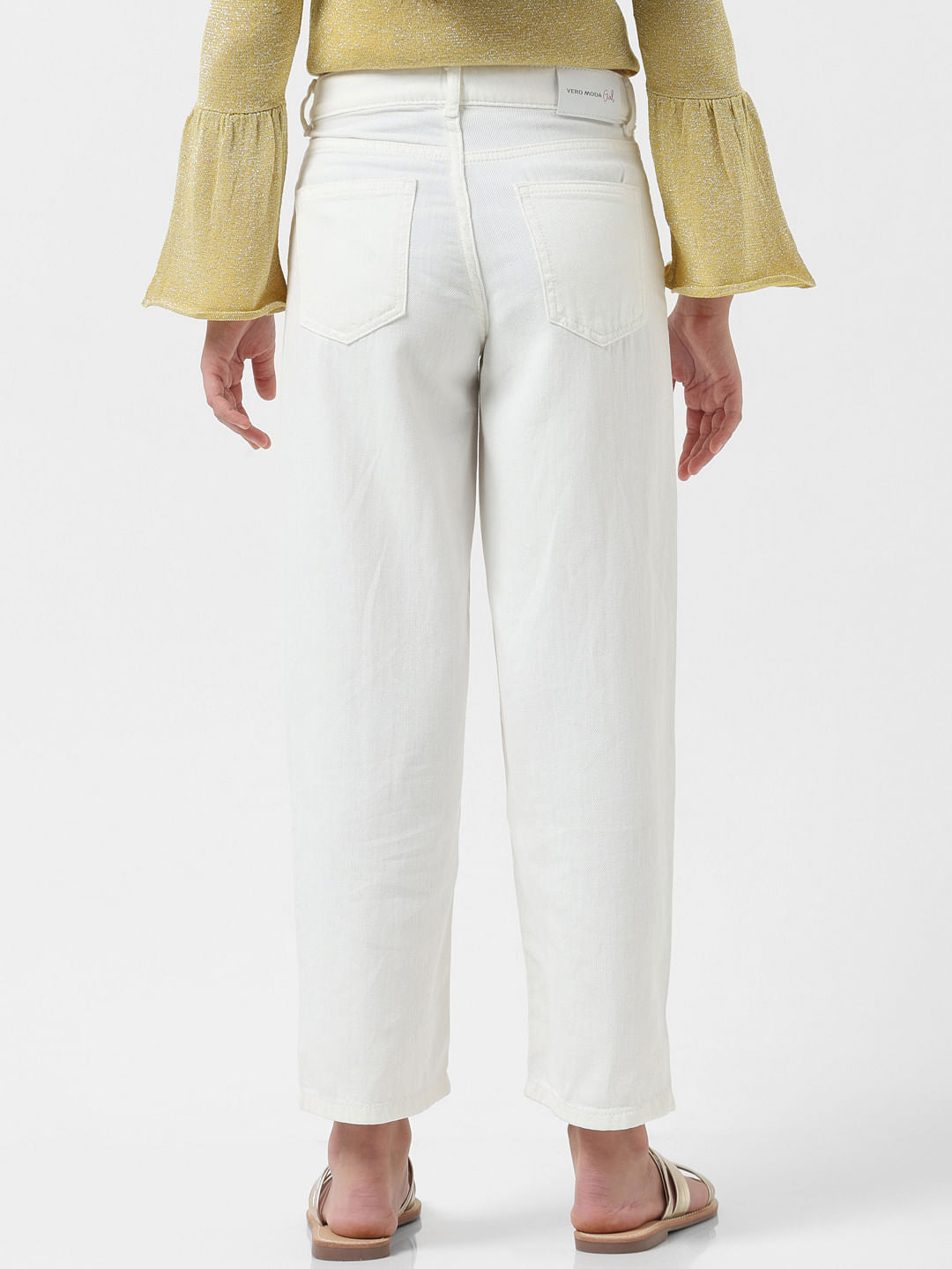 Girl White Cotton Wide Leg Jeans