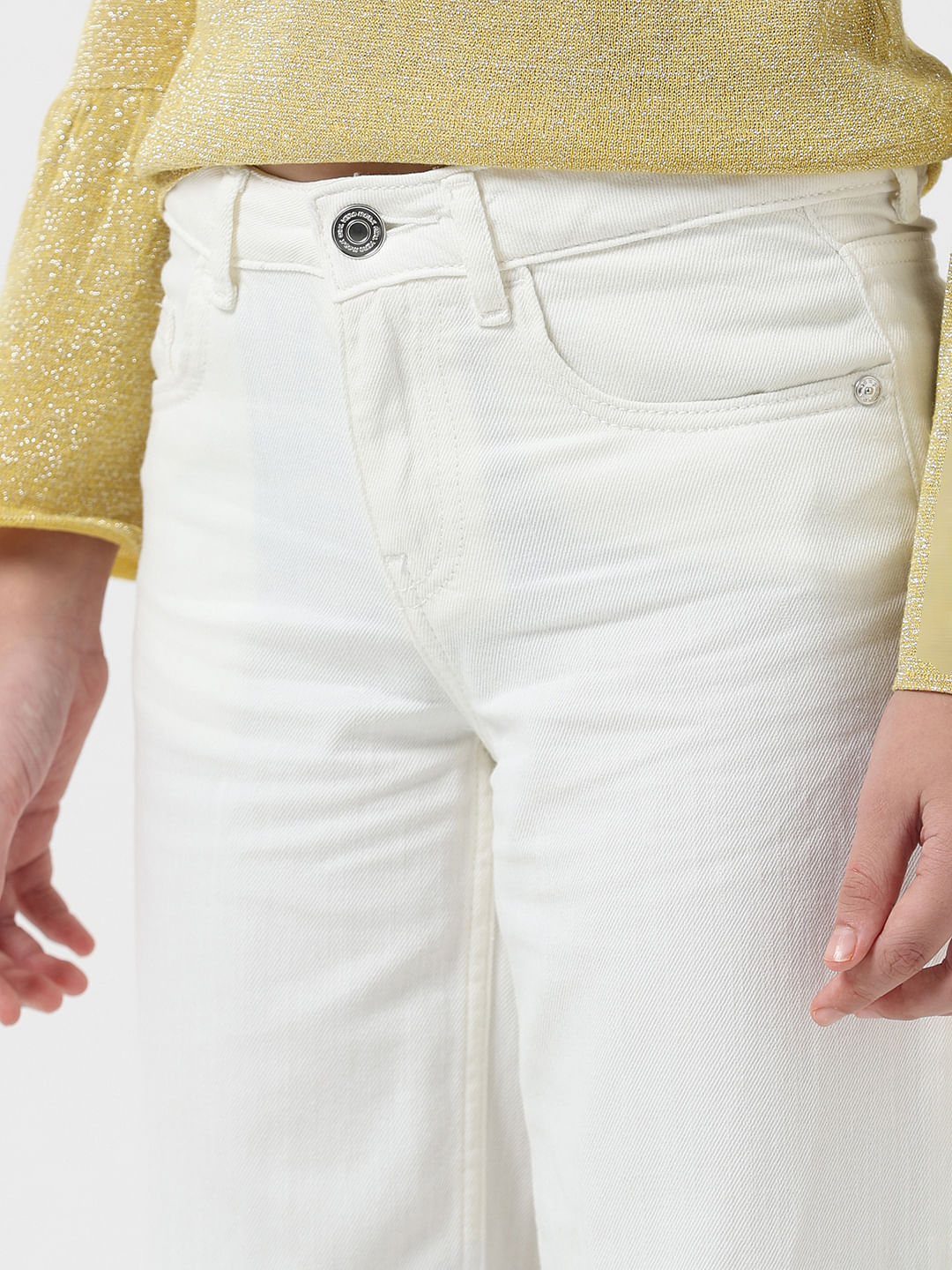 Girl White Cotton Wide Leg Jeans